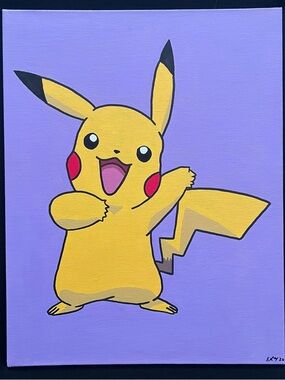 Hand Painted Pikachu Pop Art Canvas Print in Yellow